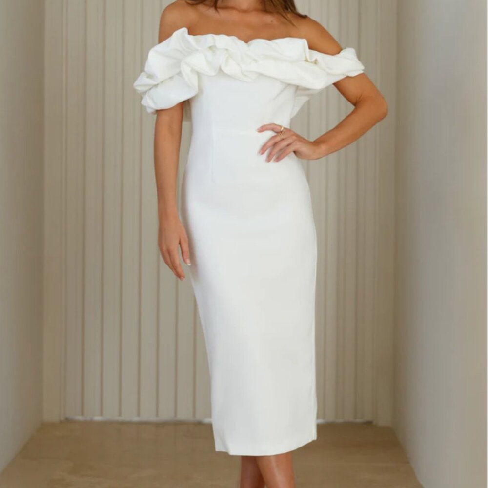 IDOLISE OFF SHOULDER FRILL MIDI DRESS WHITE